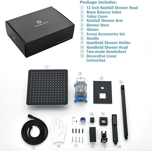 Miniatura 7 de TOCALOCA Accesorios de ducha negro mate con válvula, juego de cabezal de ducha cuadrado de 12 pulgadas con combo de mano, sistema de ducha de lluvia