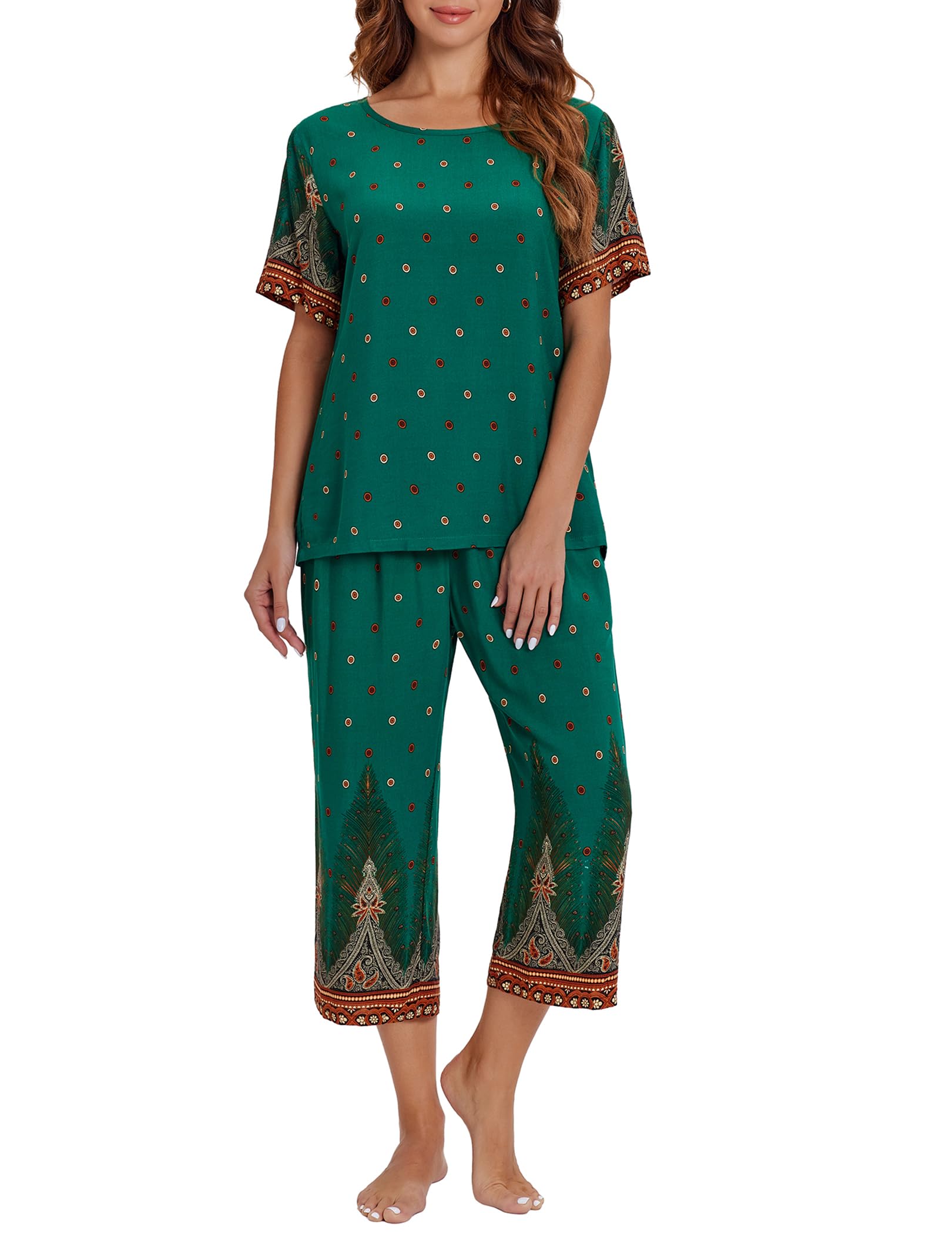 Ekouaer Womens Two Piece Lounge Set Short Sleeve Shirt and Capri Pants Mumu Pajama with Pockets Loungewear Pjs