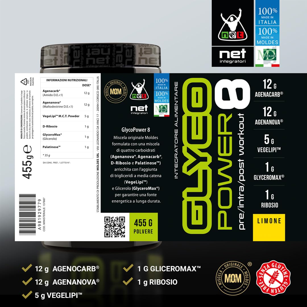 Net Integratori GLYCOPOWER 8-455g Limone - Carboidrati in Polvere - Massimizza la Resistenza Fisica e il Recupero Muscolare, Fonte Energetica A Lunga Durata, Pre-Intra o Post Workout