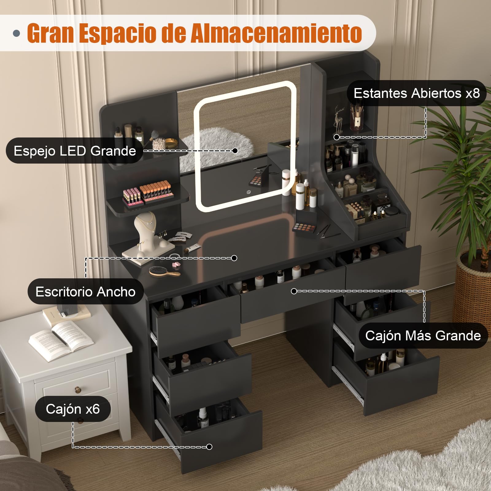 TRIUMPHKEY Tocador de Maquillaje Grande con Luces Led Regulables y Espejo, con 4 Estantes y 7 Cajones, con 3 Compartimentos Abiertos 110 x 40 x 139 cm, Negro