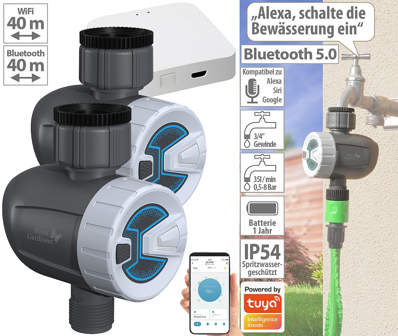 Royal Gardineer Gateway, Bluetooth: 2 smarte programmierbare Bewässerungscomputer mit WLAN-Gateway & App (WLAN mit Bluetooth, Smarthome-Zentralen, Home)