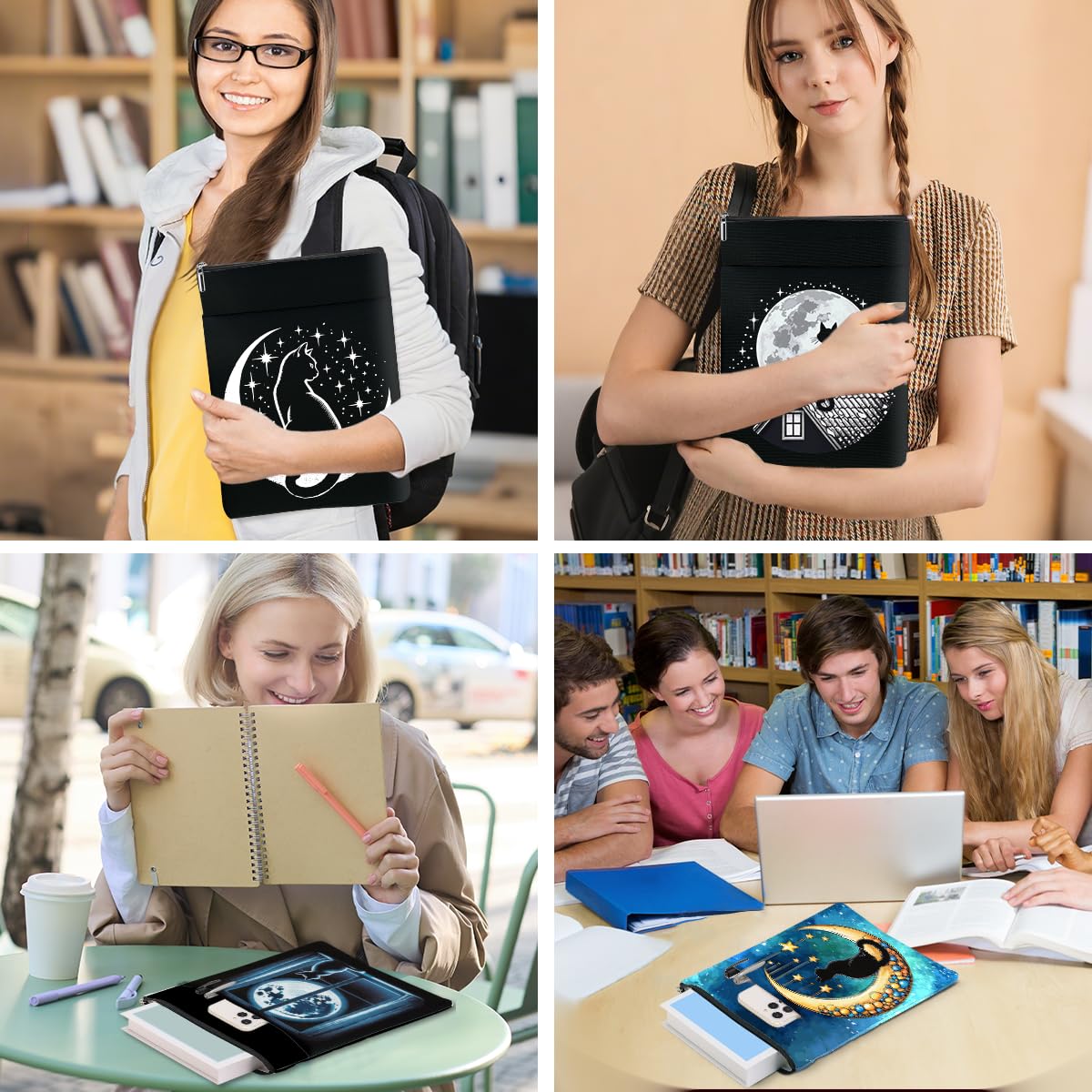 Buchhülle für Bücher, Schutztasche mit Reißverschluss und Vordertasche, waschbar, himmlische Katzenkunst, Boho-Mond-Hexenbuchliebhaber, Geschenke, Geschenke für Katzenliebhaber, Tochter, Mutter, Leser