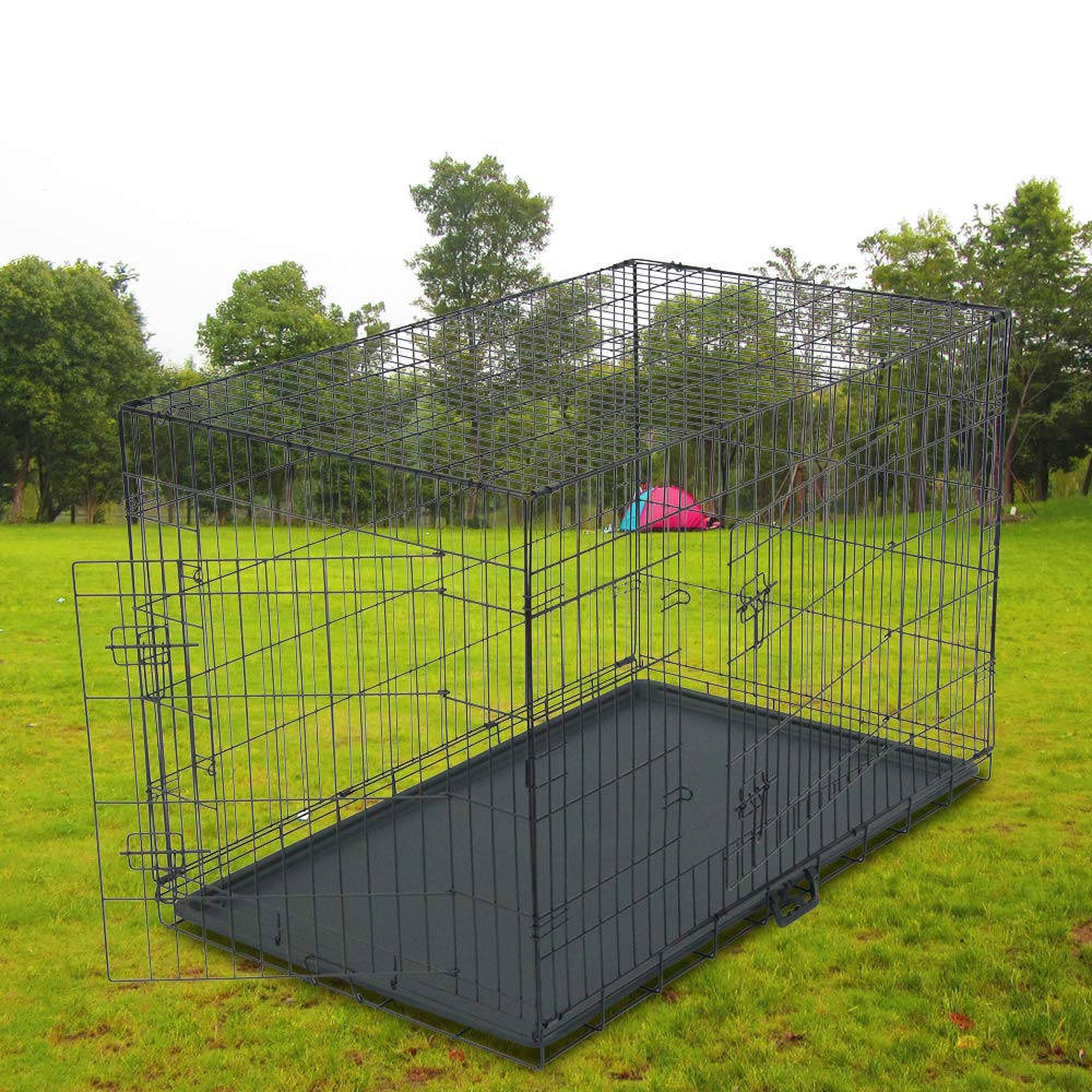 Cage Chien Pliable en Metal avec Cloison, Bac Plastique et 2 Portes, 121 x 74 x 81 cm, Noir