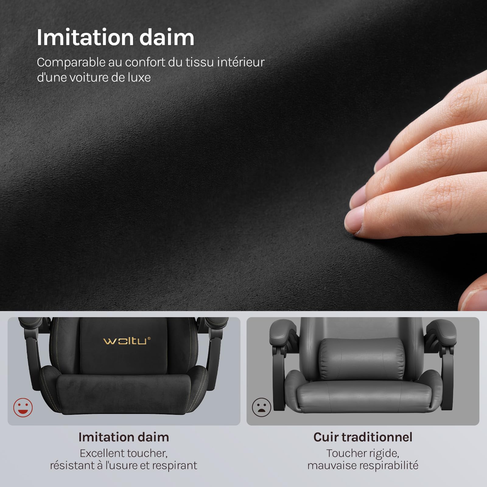 WOLTU Chaise Gaming, Fauteuil de Bureau, Ergonomique, avec Dossier Inclinable, Repose-Pieds Rétractable, Accoudoirs Reliés, Appui-tête et Soutien Lombaire, en Faux Daim,Noir