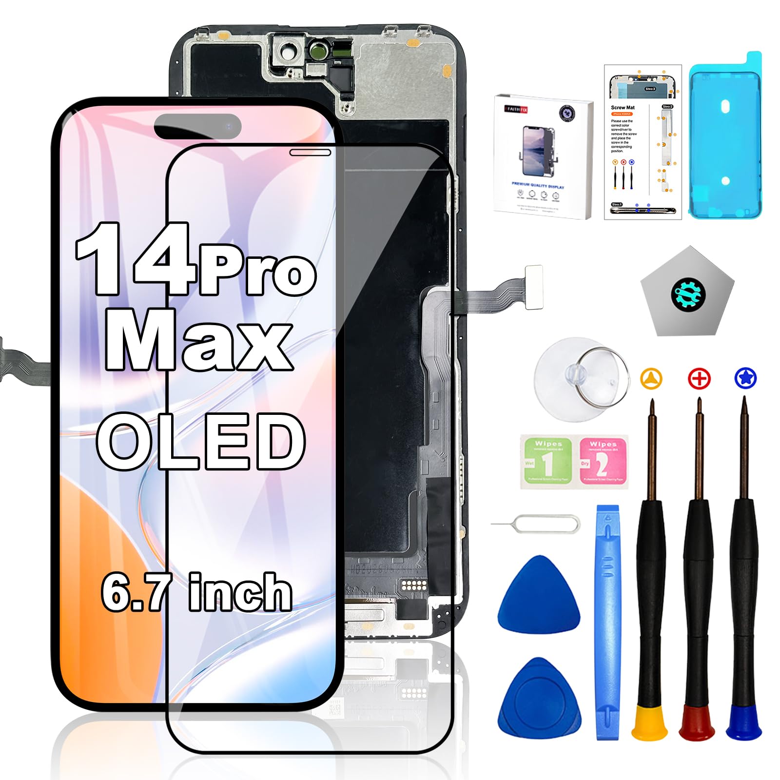Photo 1 of EFAITHFIX for iPhone 14 Pro Max Screen Replacement OLED [NOT LCD] 6.7'' Display 3D Touch Screen FHD Digitizer Assembly A2651 A2893 A2894 A2895 A2896 with Repair Tools Waterproof Tape Screen Protector