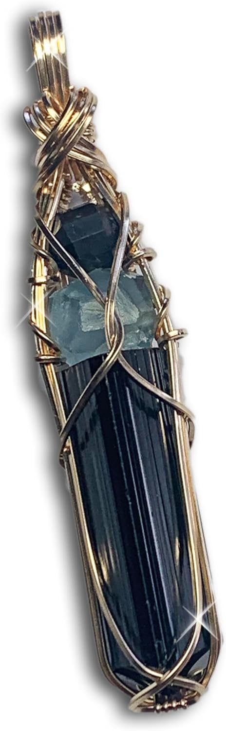 Black Tourmaline Pendant Necklace 14K Gold Filled Combination Stone Jewelry BKS
