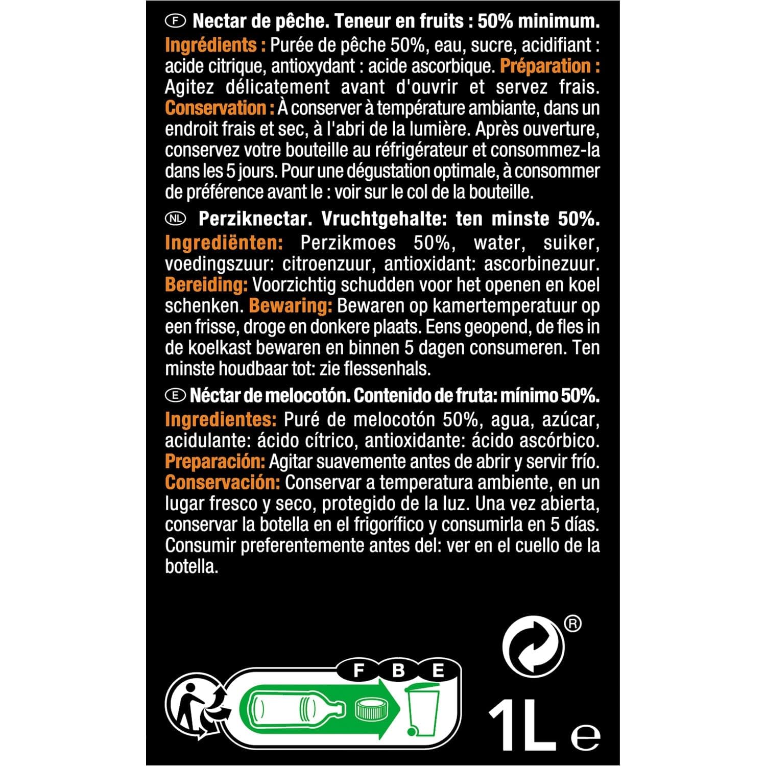 CARREFOUR SELECTION Jus de Pêche Authentique en Bouteille 1L - Nectar Fruité avec 50% Minimum de Purée de Fruit - Format Pratique et Gourmand - Lot de 4