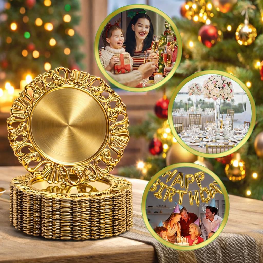 13in Charger Plates Set of 12- Antique Gold Chargers for Dinner Plates- Round Plastic Hollowed Plate Charger w/Embossed- Vintage Table Charger for Wedding, Party, Thanksgiving, Christmas