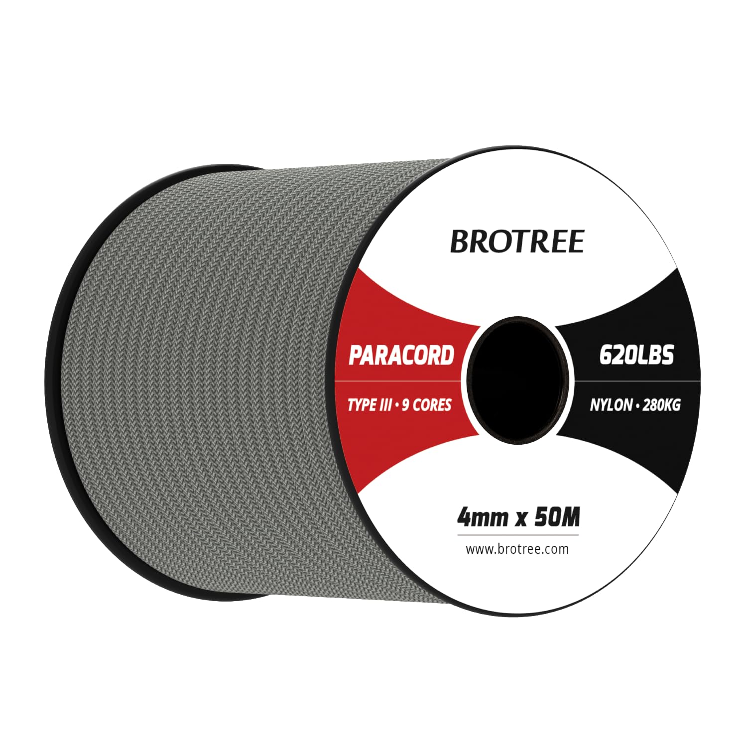 Brotree Paracord 4mm 50M 9 Strands 100% Nylon Rope Type 3 Parachute Cord for Outdoor, Bracelet, DIY - 280kg Breaking Load (Charcoal Grey)