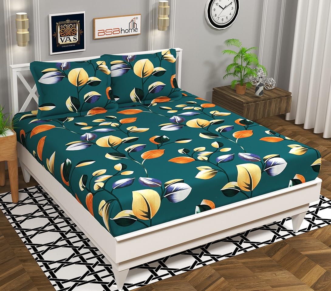 VAS COLLECTIONS Premium 3D Printed 144 TC Microfiber Single Bedsheet with 1 Pillow Covers (220X152 cm) Dark Aqua, Green-image-48