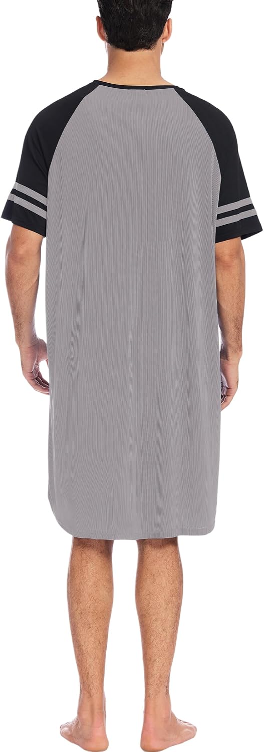 Mens Nightshirt Short Sleeve V Neck Nightgown Color Block Loose Fit Comfy Lounge Pajama Sleepwear