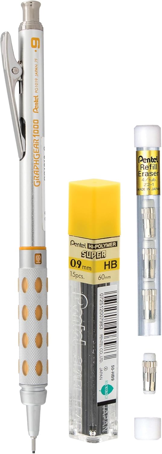 Pentel Graph Gear 1000 Mechanical Drafting Pencil, 0.9mm Lead Size, Yellow Barrel, 1 Pencil + 2 Leads & Refill Erasers