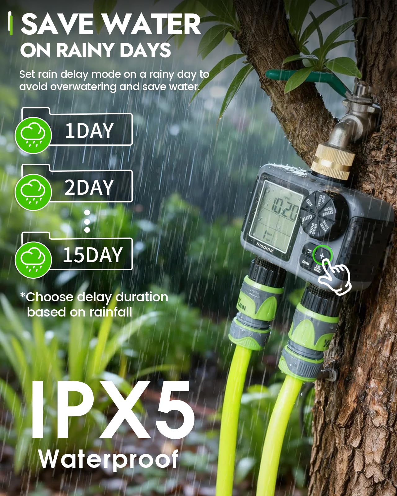 Insoma Timer irrigatore a 2 zone con ingresso in ottone, timer per tubo dell'acqua con modalità auto/manuale + ritardo pioggia, grande display LCD, per giardino, cortile, prato, impermeabile IPX5 e