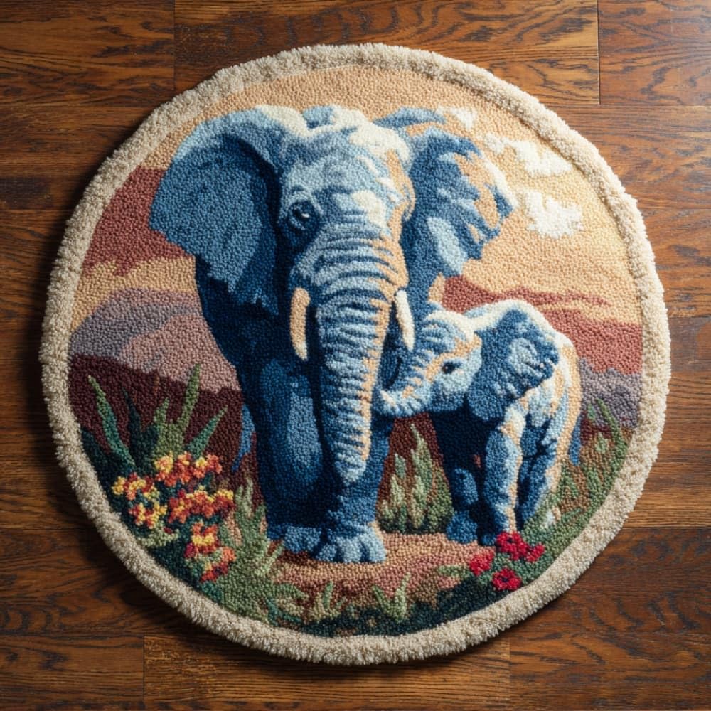 kitphoenix Round DIY Latch Hook Rug Kits Elephant 20X20Inch (50X50Cm) Easy for Beginners Round Carpet Crochet Yarn Craft Large Rug Hook and Latch Tapestry for Home Decor