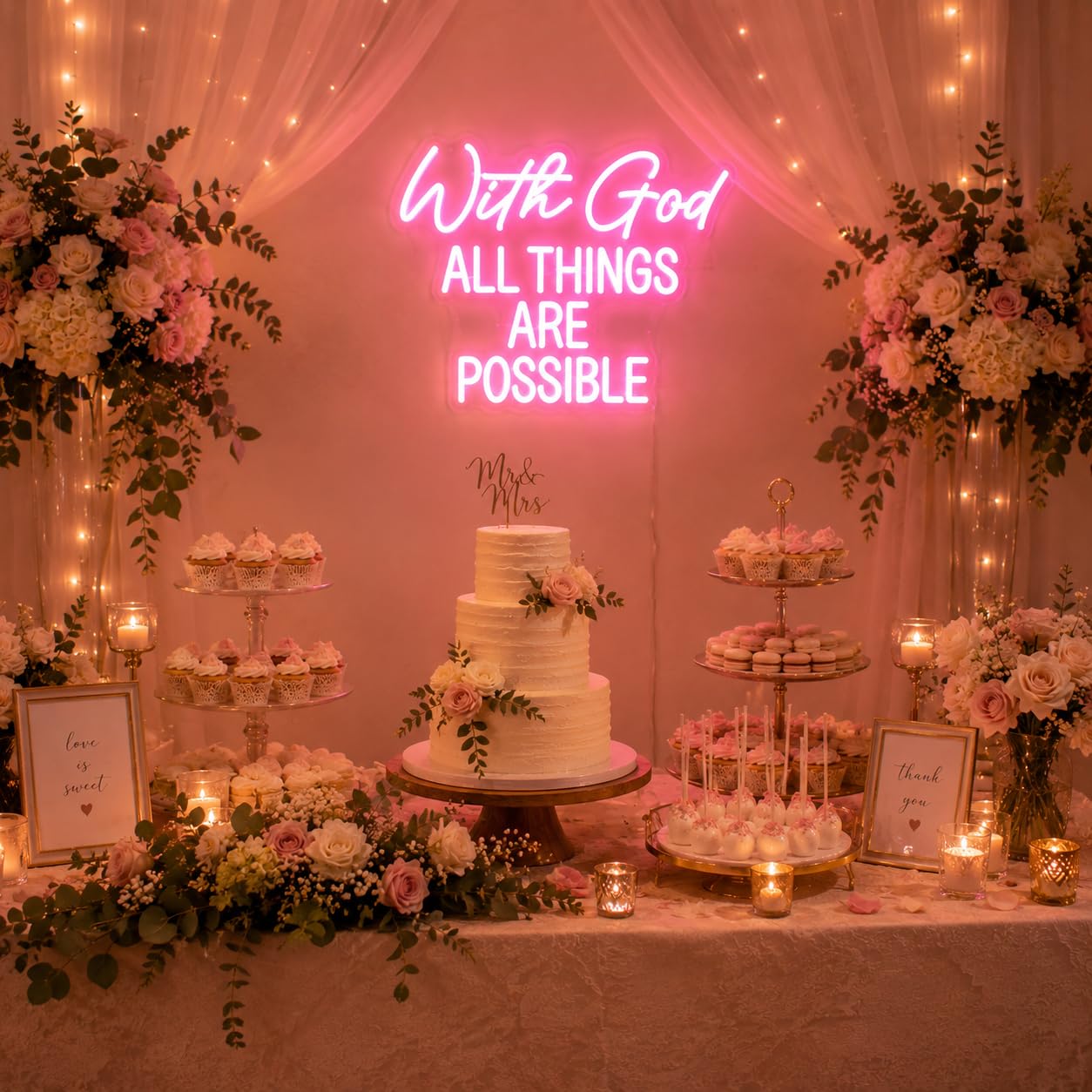 Neonowy znak "With God All Things Are Possible" Bóg do dekoracji ścian, litera LED, neonowy znak, różowy, LED, możliwość ściemniania, neonowe znaki do sypialni, na ślub, do dekoracji kościoła