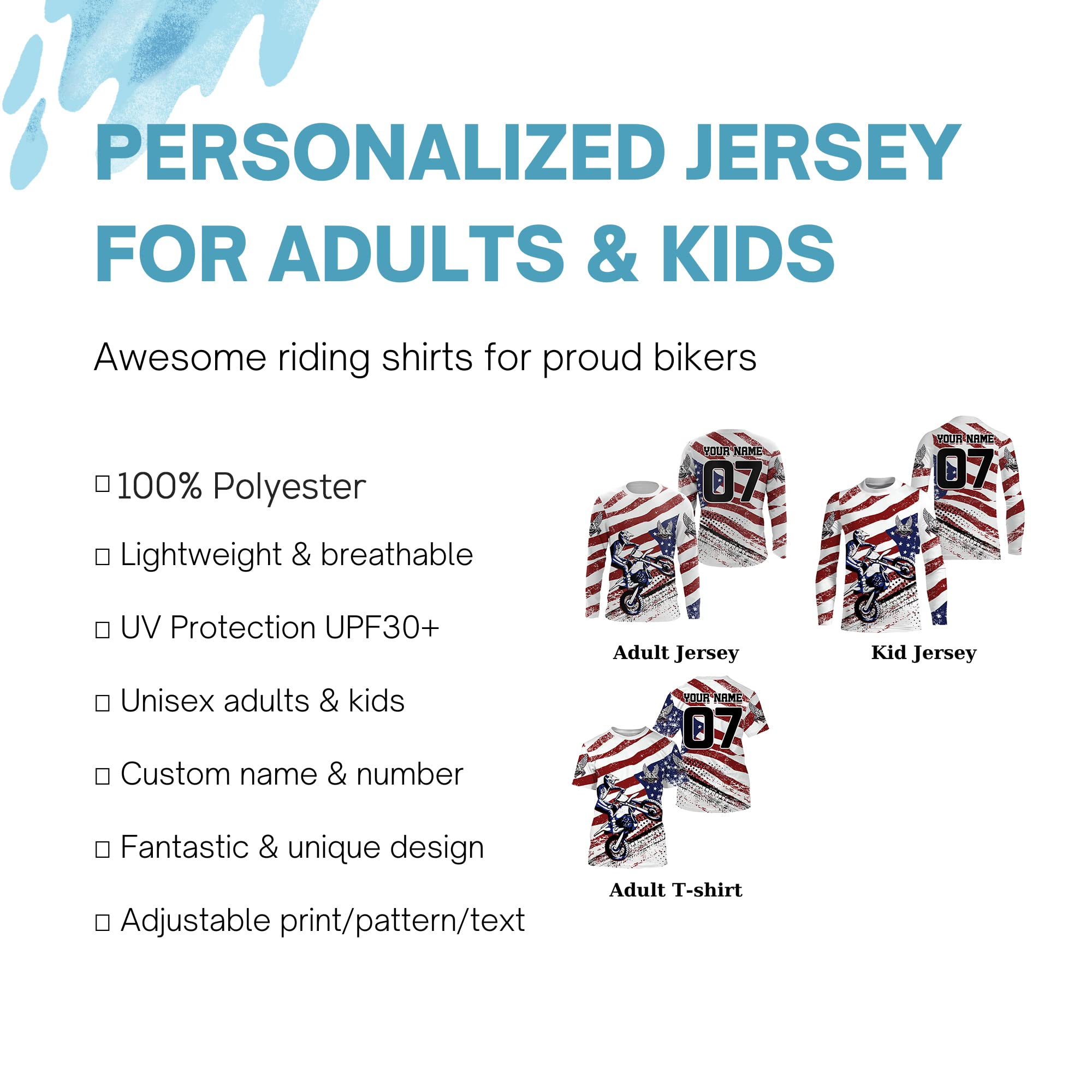 Personalized American Flag MX Jersey Kid Women Men UPF30+ Patriotic Dirt Bike Shirt Off-Road PDT360