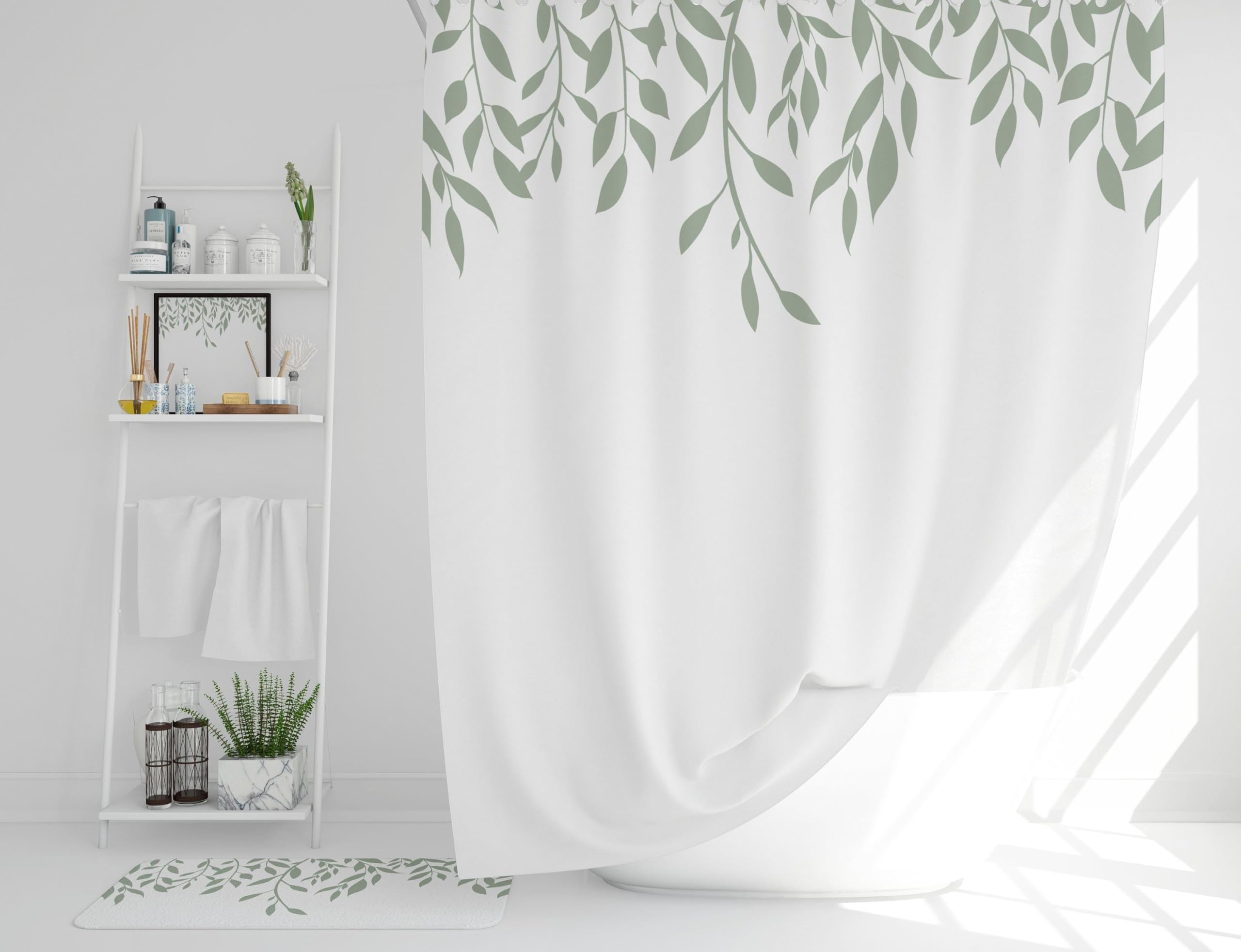 AZEJEB Extra Long Shower Curtain, Botanical Shower Curtain, Green Leaves Shower Curtains for Bathroom Decor, Farmhouse Style, White 140x180cm/55x71in(