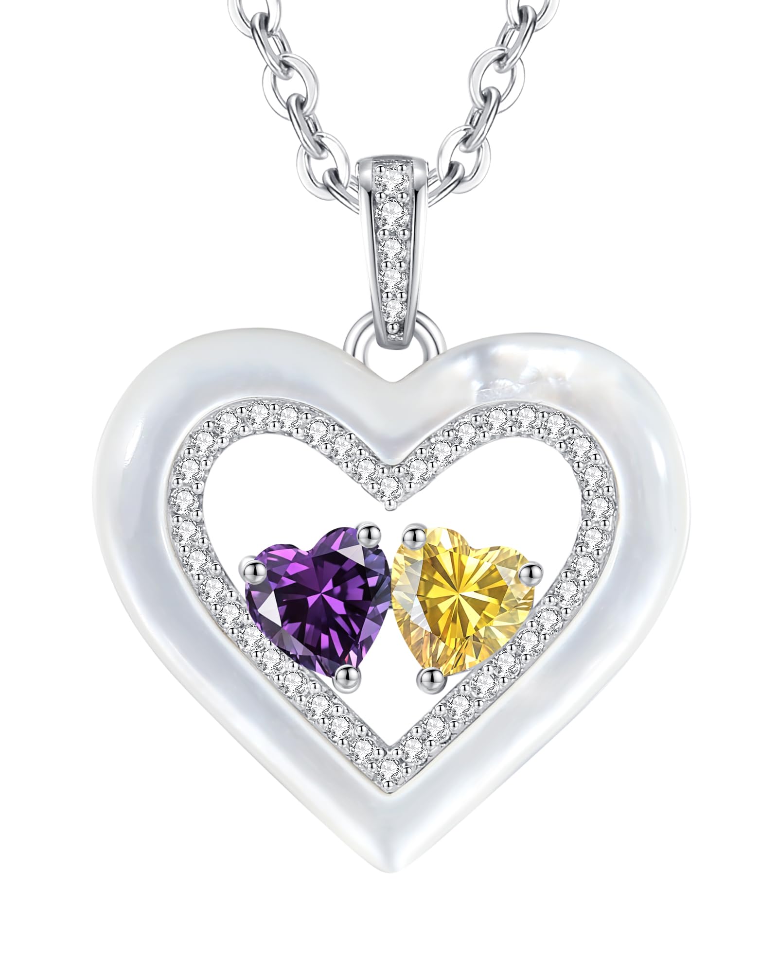 LOUISA SECRET Shell Double Heart Birthstone Necklaces for Women, 925 Sterling Silver Fine Jewelry, Pendant Heart Necklaces Birthday Anniversary