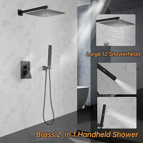 Miniatura 10 de Hoimpro Juego de sistema de ducha de bronce con cabezal de ducha de lluvia de baño de 12 pulgadas y montaje en pared de mano, combo de grifo de