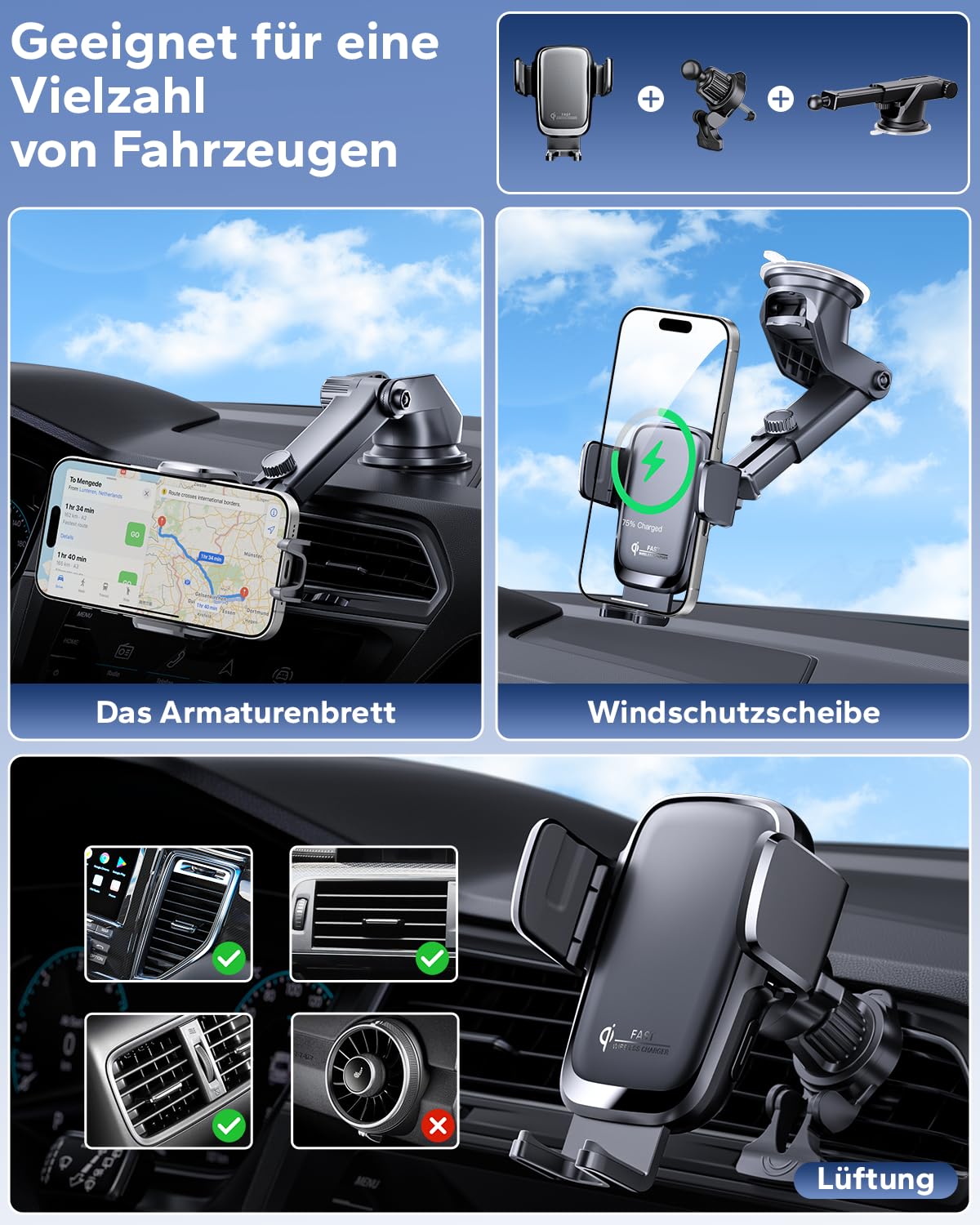 KPON 15W Qi Handyhalterung Auto mit Ladefunktion, Induktive Ladestation Auto mit Sauger & Clip, Automatische Klemmung Kfz Wireless Charger für iPhone 17/16/15/14/13, Samsung (Ohne Zigarettenanzünder)