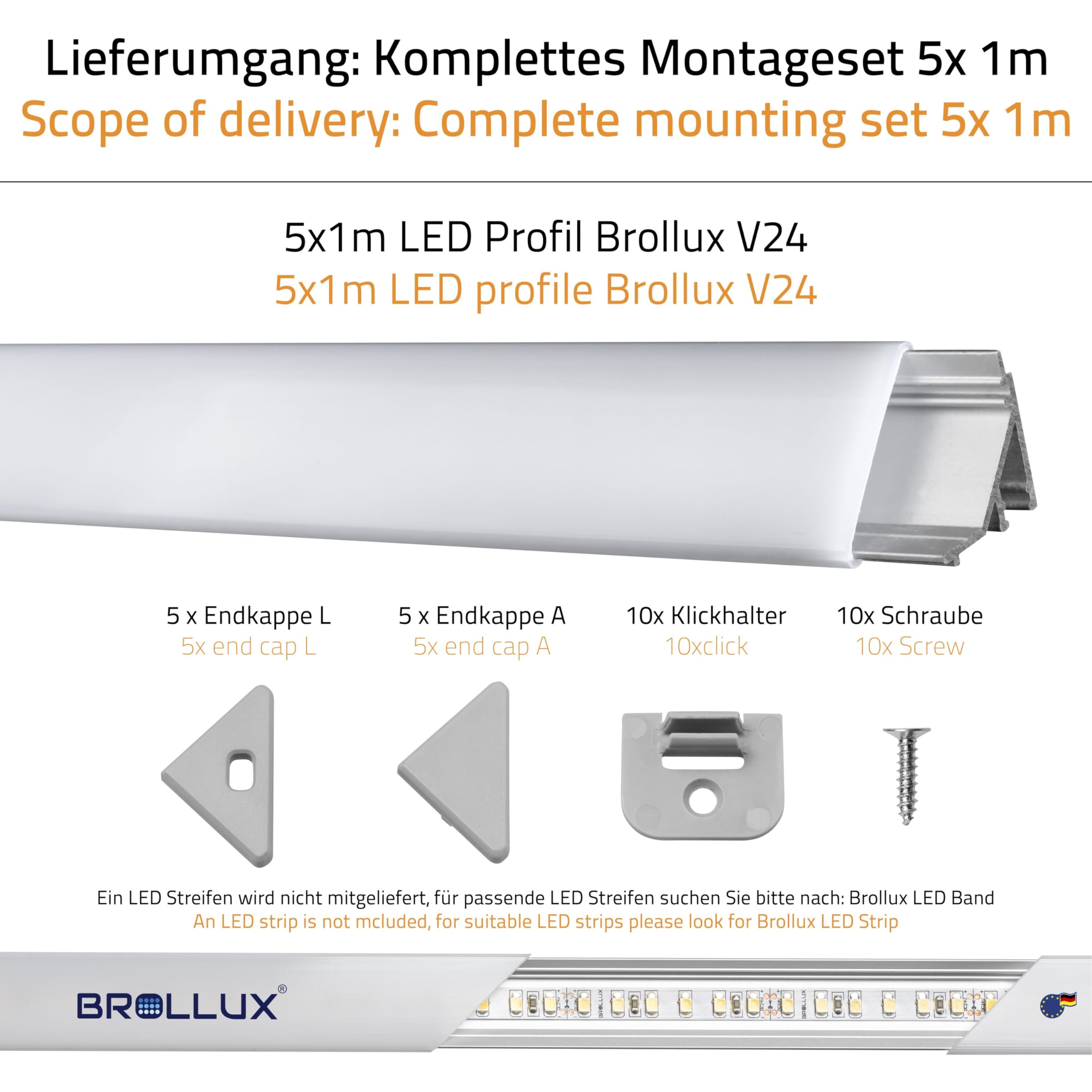 Brollux Perfil de esquina LED V24, juego de 5 m (5 x 1 m), perfil de aluminio de 45 grados para tiras de luces LED, sin bombilla