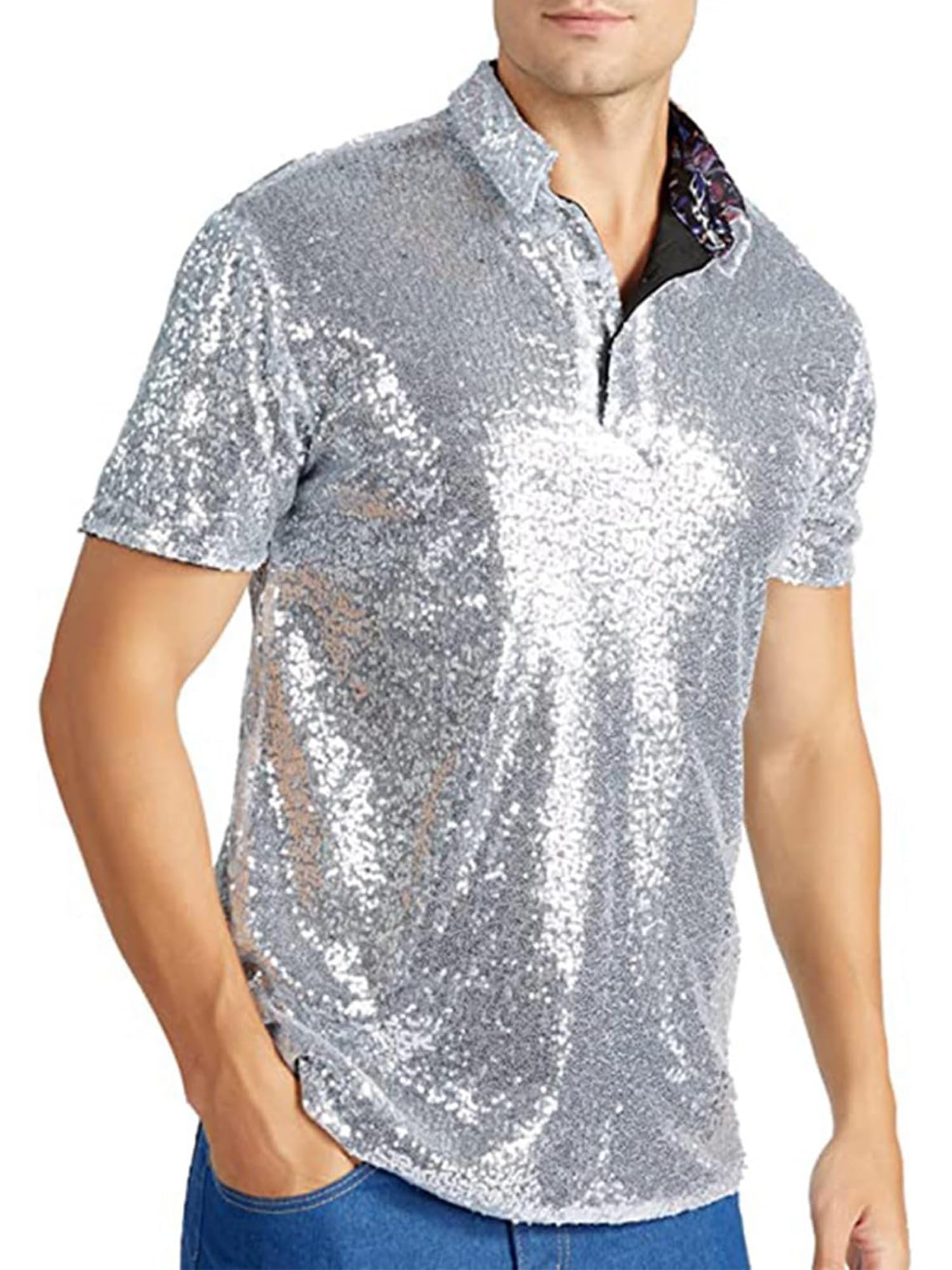 Felcia Herren-Glitzer-Oberteil, lässig, Vintage-Stil, kurzärmelig, Turndown, glitzernde Pailletten, Hemd, 70er-Jahre, Disco, Nachtclub, Party, Outfits für Herren