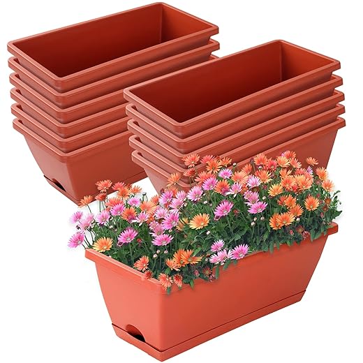 Window Box Planter, 12 Pack Plastic Vegetable Flower Planters Boxes 17 Inches Rectangular Flower Pots with Saucers for Indoor Outdoor Garden, Patio, Home Decor (Brick red)