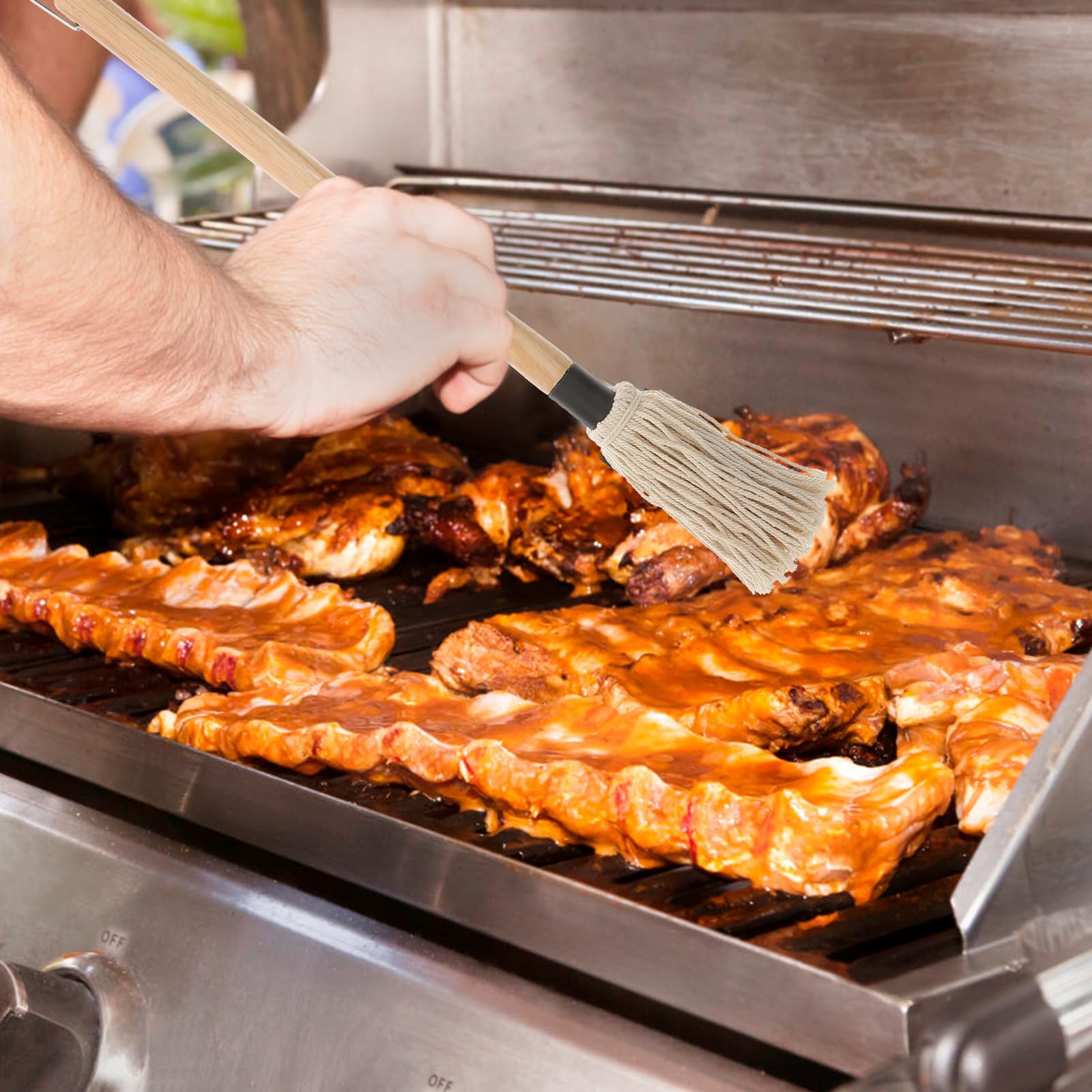 Garneck 8 Stück Grillpinsel mit Baumwollgarn 6 Ölköpfen und 2 Holzgriffen Praktisches Grillzubehör für Einfaches Auftragen Beim Barbecue und Grillen