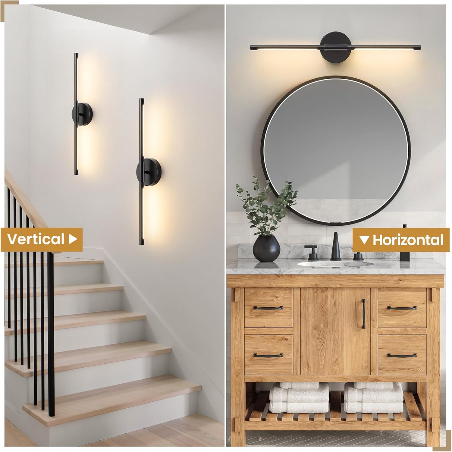 Lightania Hardwired Wall Sconces Set of Two, 24'' Modern Black LED Wall Lights, 360° Rotatable, 2700K-5000K Adjustable, 3CCT Dimmable Wall Sconce Light Fixture for Living Room Bedroom Hallway, ETL