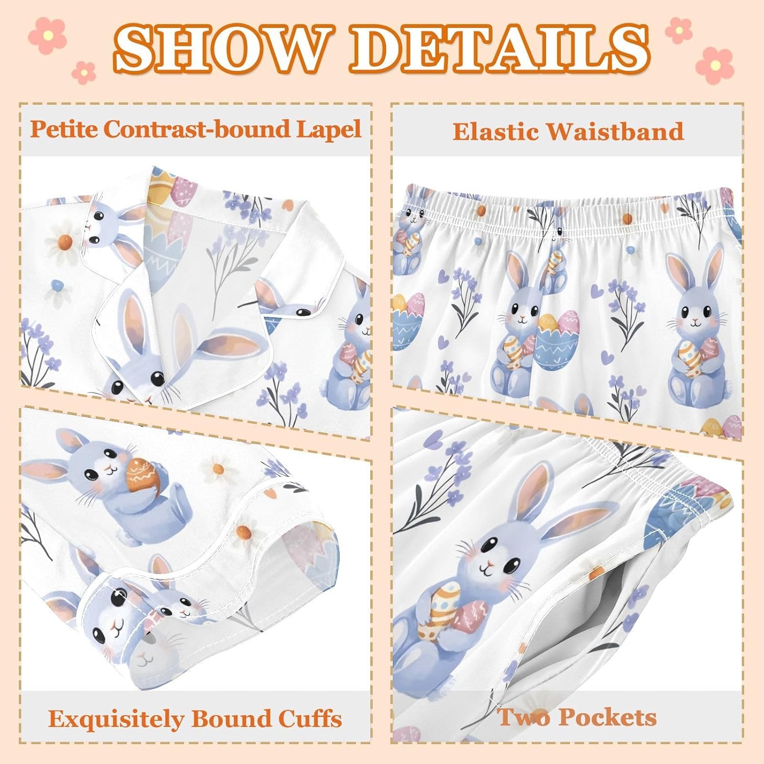 senya Rabbit Holding Egg Flower Satin Pajama Sets Long Sleeves Nightwear Button Down Sleepwear