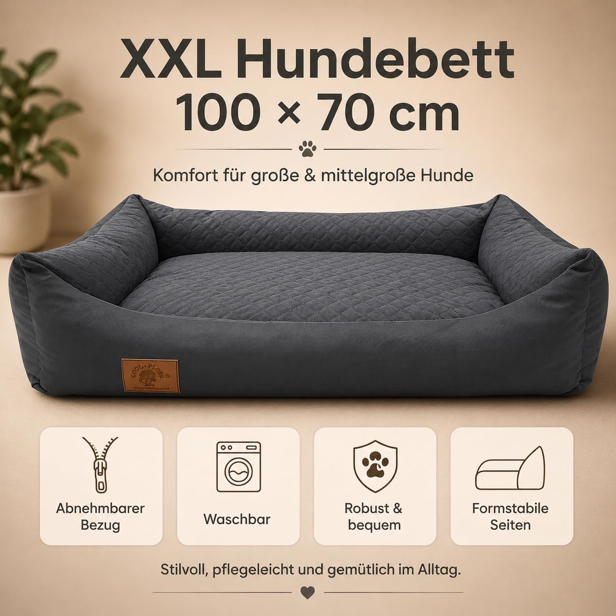 Odolplusz XXL Hundebett 100x70cm - Abnehmbarer, wasserdichter Bezug - Bequemer Hundekorb für große & mittelgroße Hunde - Waschbar & Robust