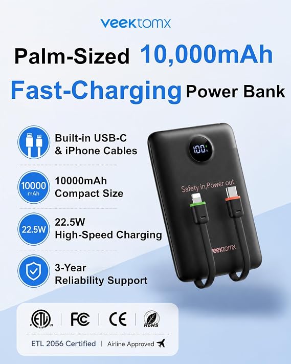 VEEKTOMX Portable Charger with Built-in Cables, 10000mAh Slim Power Bank