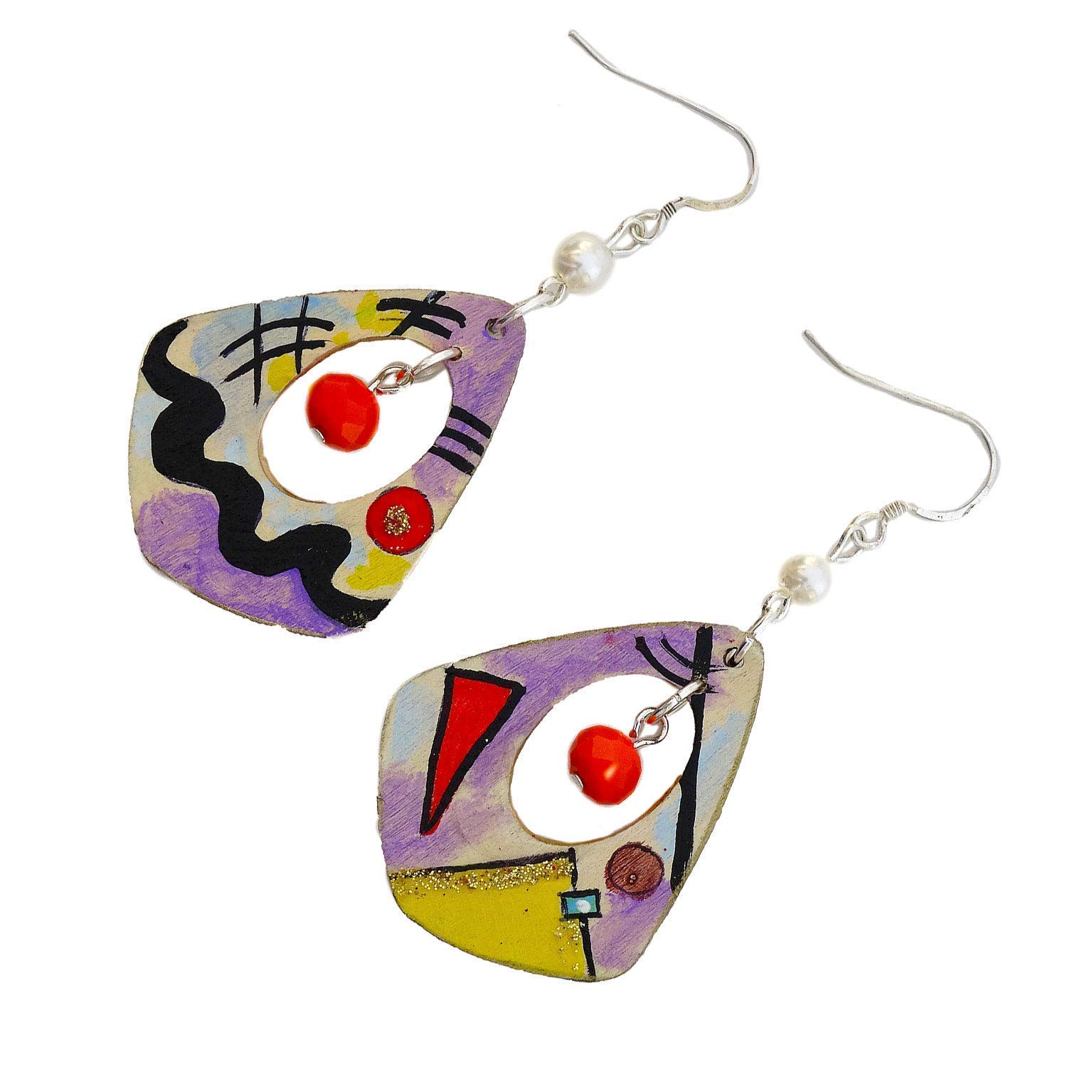Boucles d'oreilles peintes à la main - BLEU, JAUNE, ROUGE PAR KANDINSKIJ - Boucles d'oreilles pendantes pour femme, Bijoux en bois peint, Crochet en argent, Made in Italy, Bijoux pour femme, Artisanat