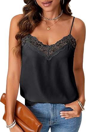 Vrtige Womens Satin Tank Summer Top Adjustable Spaghetti Lace Trim V Neck Strap Camisole