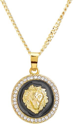 metaltree98 Mini medallón de cabeza de león para hombre, chapado en oro y plata, collar de cadena cubana de 20 pulgadas, CP 282, Zinc, Diamantes de