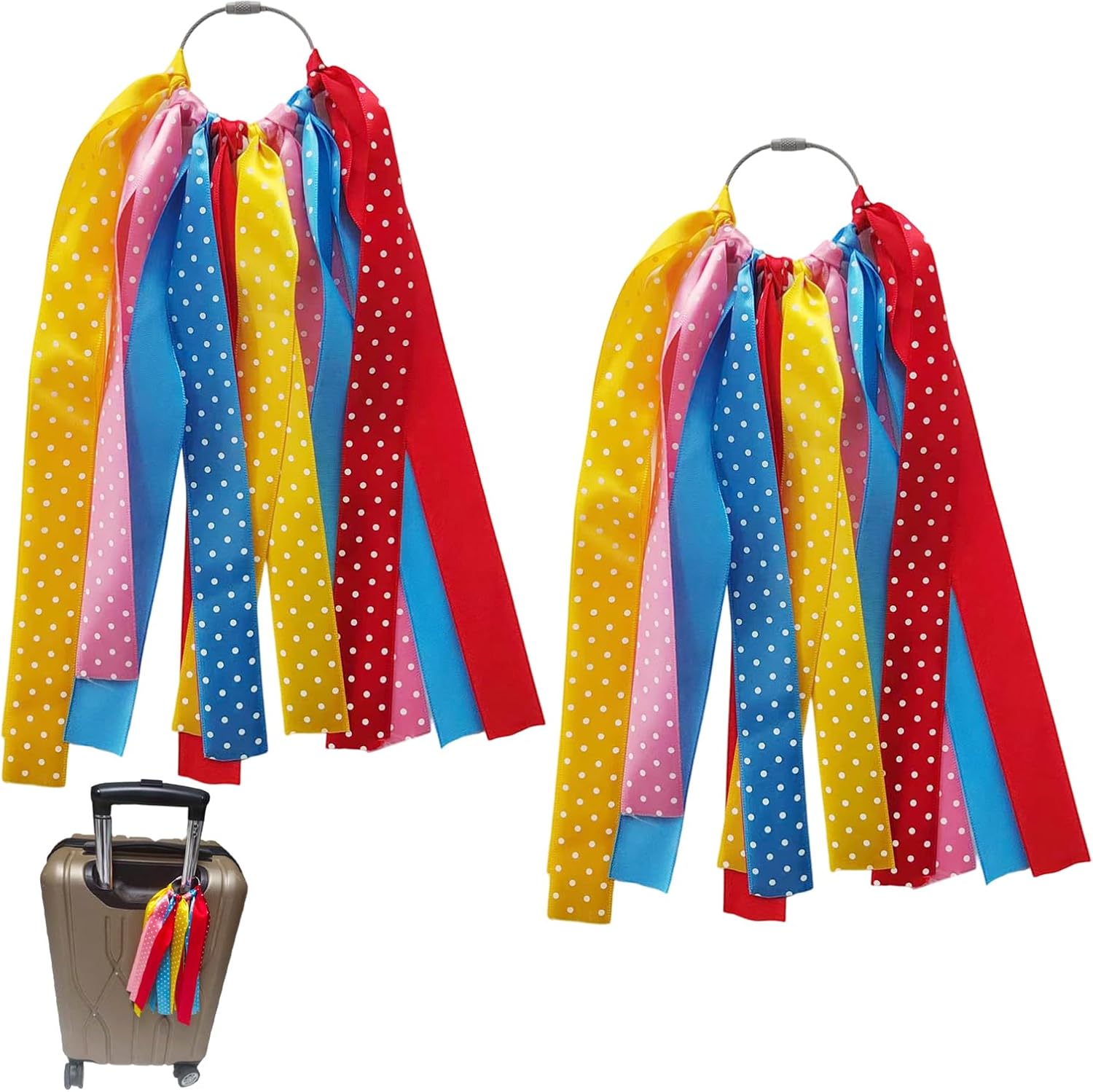 2 PCS Luggage Identifiers Tag Ribbons Colorful Ribbon Luggage Identifier Polka Dot Satin Luggage Tag Ring for Suitcase Backpack & Travel Bag - Bright Luggage Marker for Easy Identification