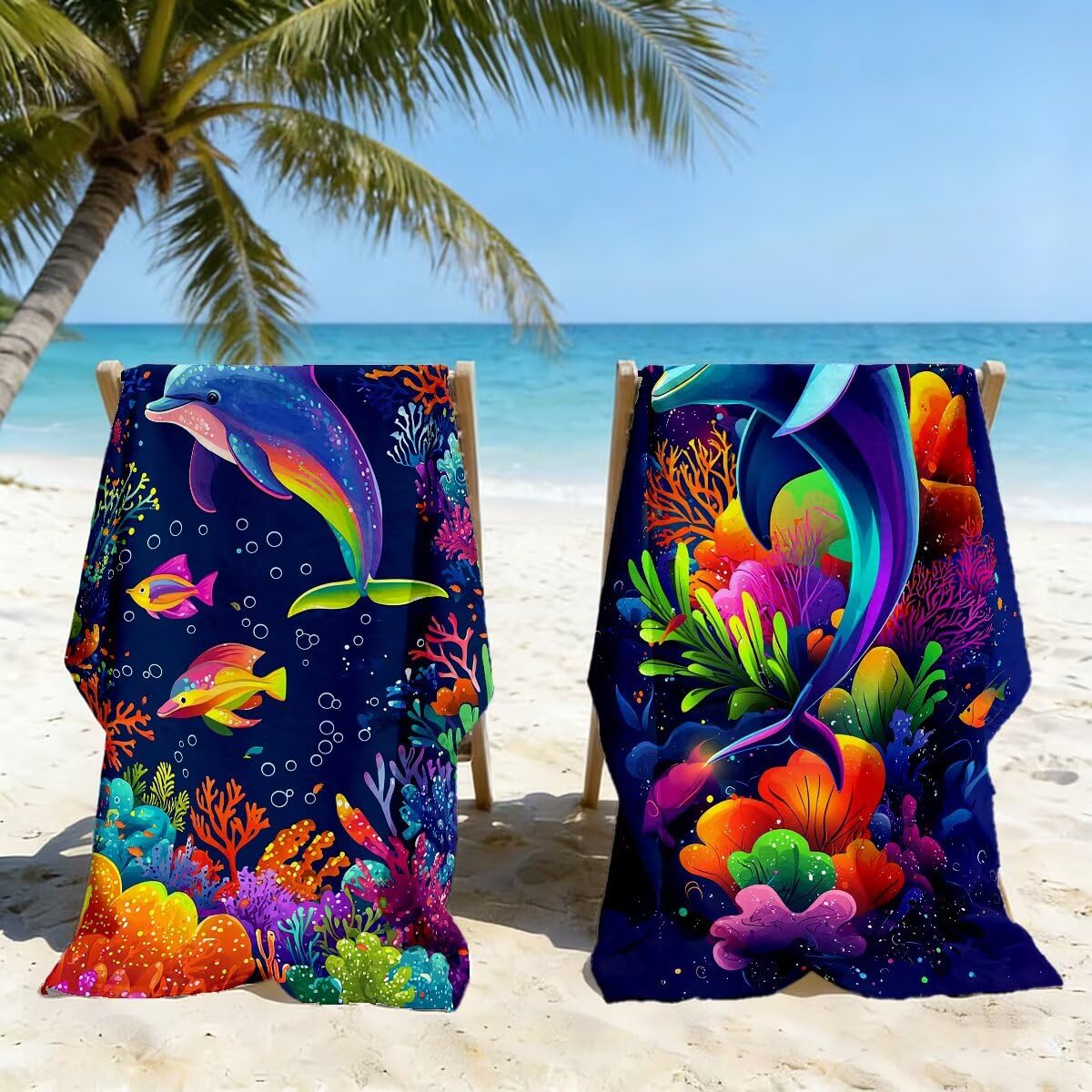 Toalla Playa 100x220 cm, Toalla Gimnasio Microfibra Secado Rapido, Juego de 2 Antiarena Toallas de Playa, Ligera Compacta Toallas Microfibra Grande para Viaje, Regalo Hombre Mujer (Delfín) -5013