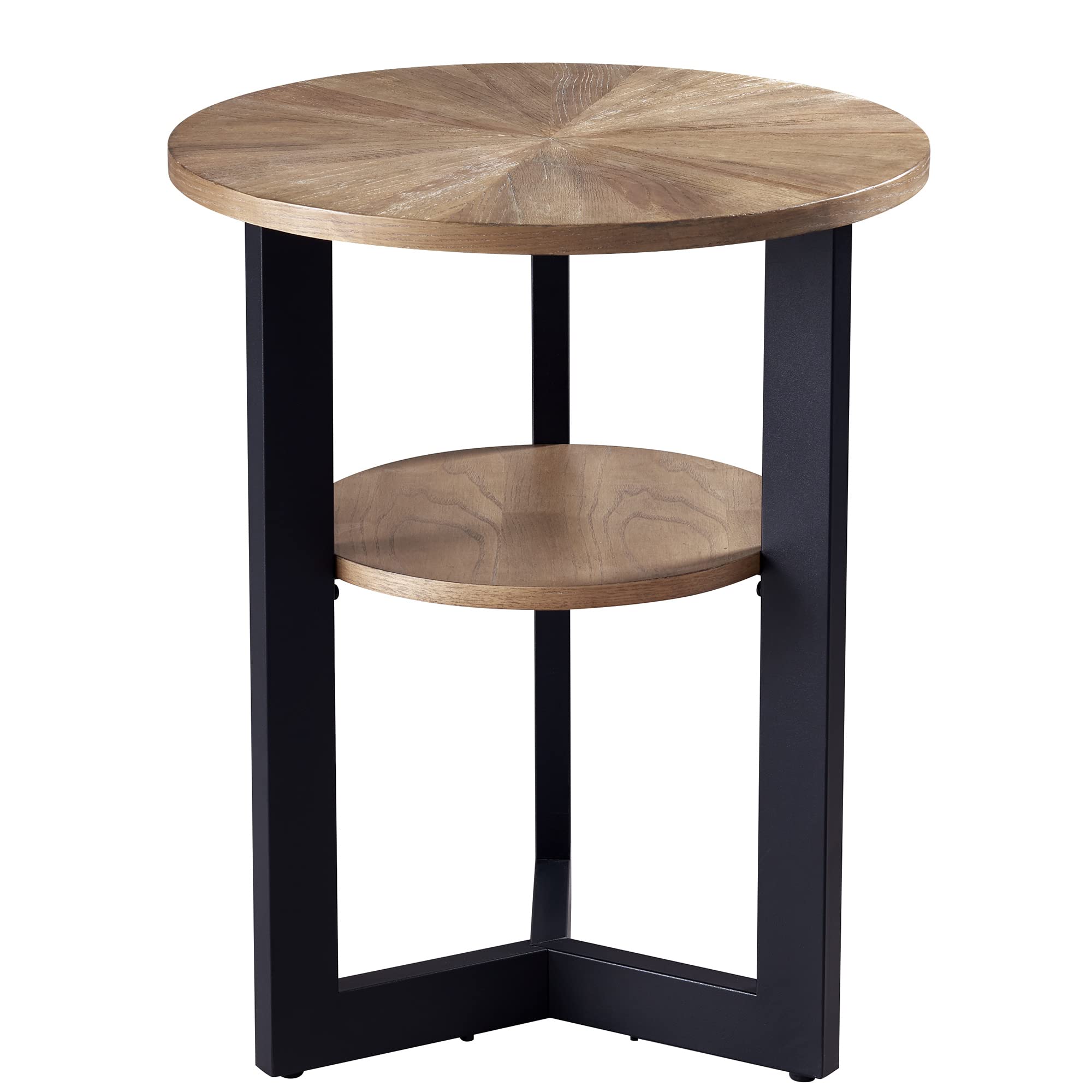 MODERION Round End Table with Storage, Solid Wood Sofa Side Table with Metal Frame, Corner Table,Nightstand,Easy Assembly for Living Room Bedroom Office Entryway Rustic Natural BZ1338