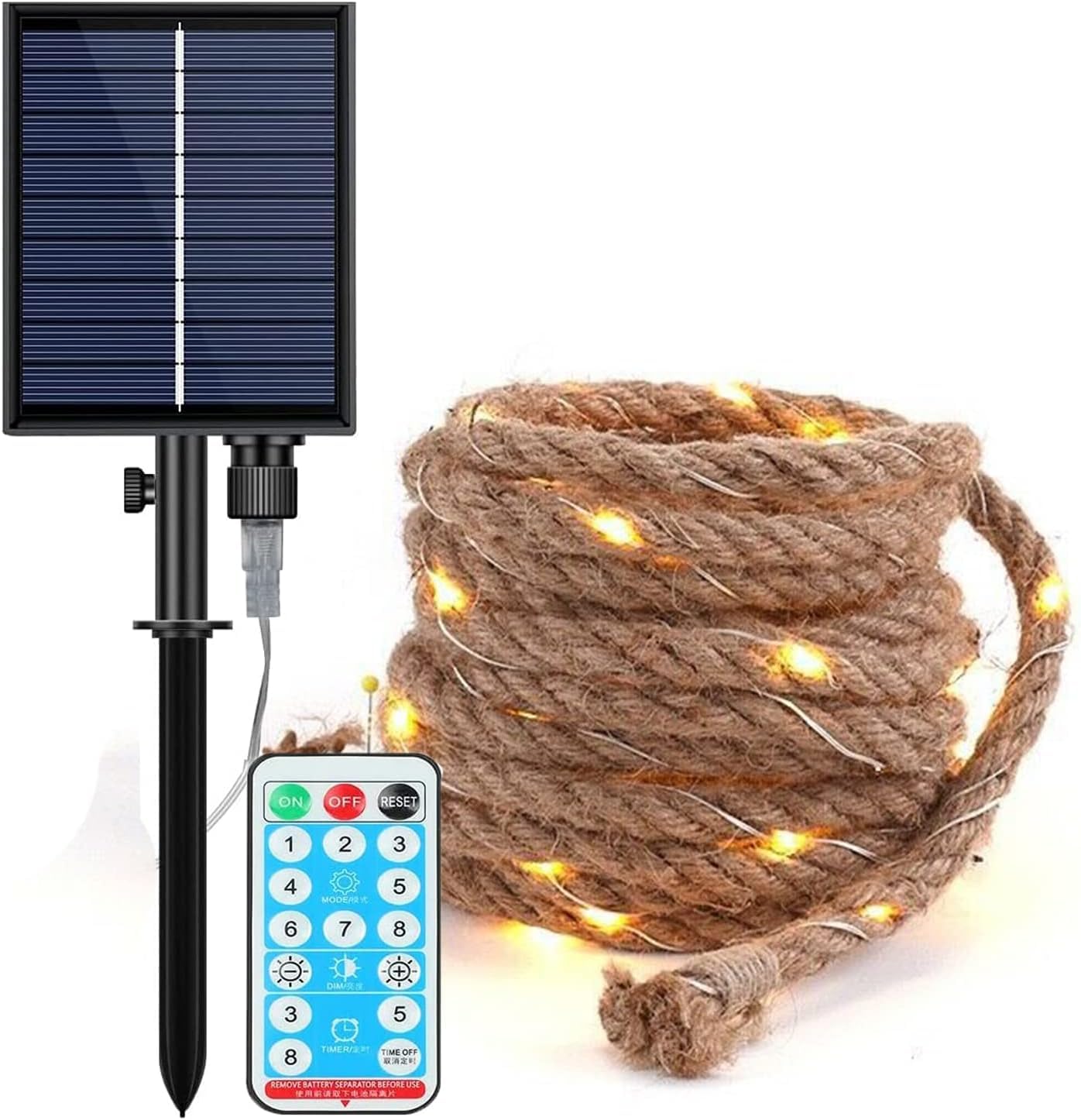 Solar Hanf Seil Licht Outdoor LED warm weißes Licht wasserdichte Retro Hanf Seil Garten Dekoration mit 8 Modi der Fernbedienung Balkon Hof Innen und Outdoor Märchen Lichter (10M 200LED)