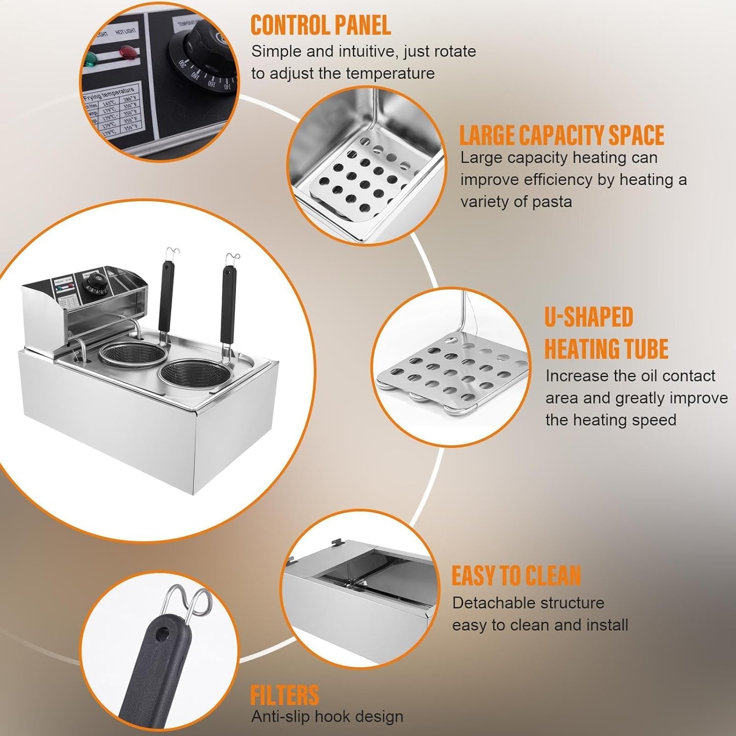 Cuocipapa Professionale A 2 Fori da 1,5 Kw con Cestello E Filtro per Pasta Rimovibili, Temperatura Regolabile, Macchina Elettrica per Pasta Ideale per Ristoranti E Food Truck.