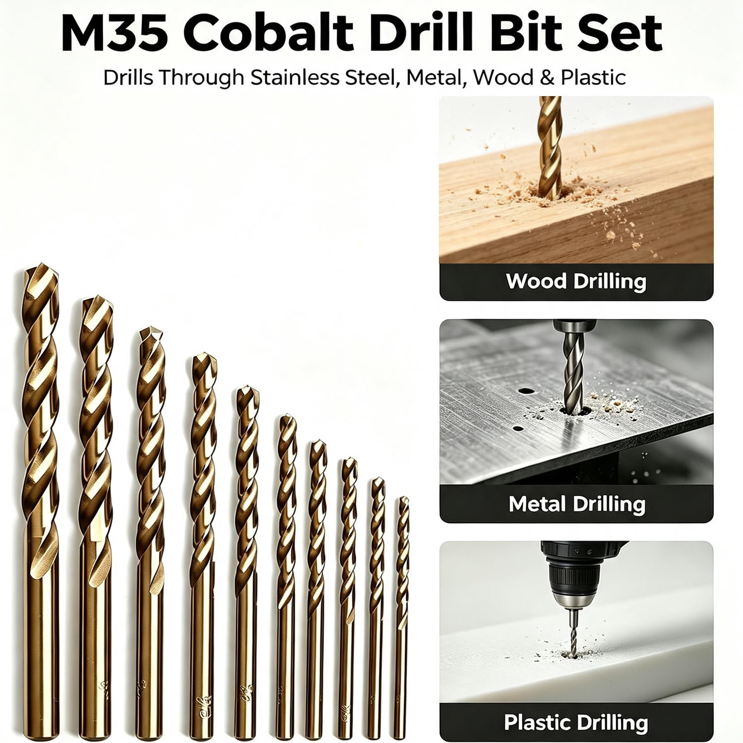 Juego de 10 brocas de cobalto M35 de longitud Jobber para metal duro, hierro fundido, acero inoxidable, madera y plástico, con estuche de almacenamiento, 1/16 a 13/64 pulgadas (10 unidades (1/16 a