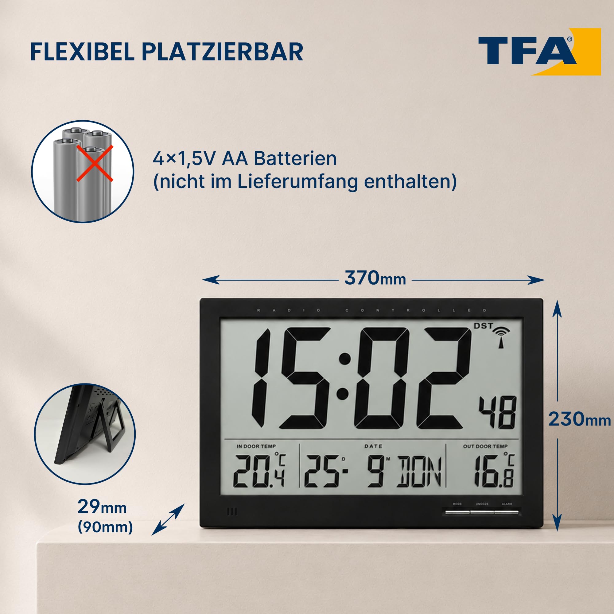 TFA Dostmann Digitale XL-Funkuhr, mit Außen-und Innentemperatur, Wanduhr, gut ablesbar, schwarz, 60.4510, L 370 x B 29 (90) x H 230 mm, 60.4510.01