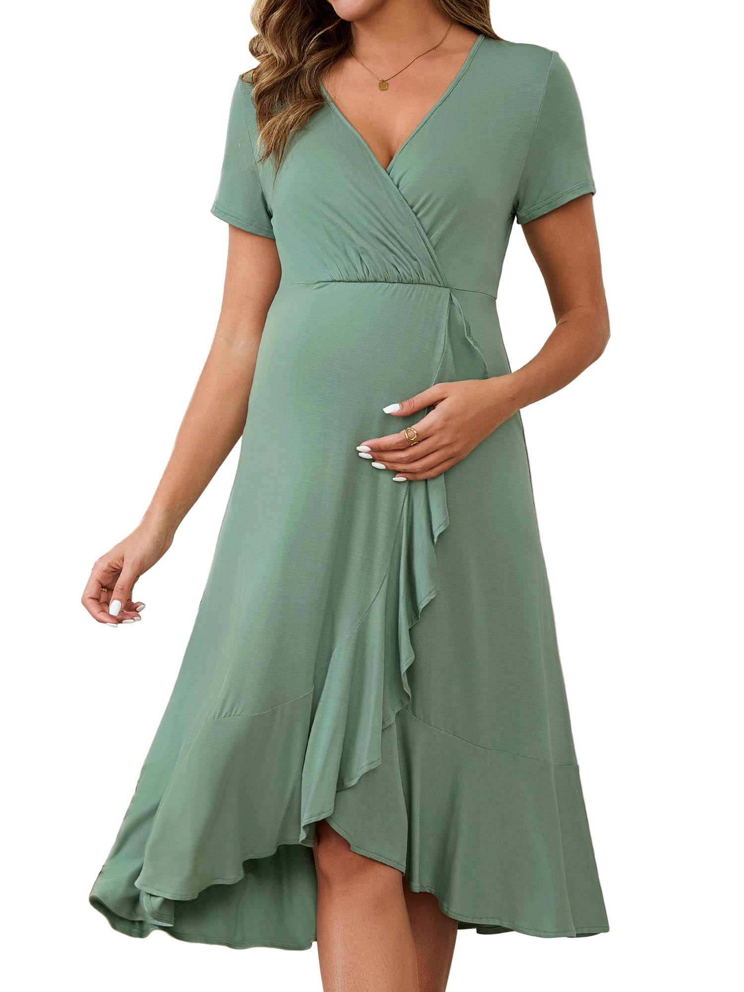 MARI GABRIEL Women's Maternity Dress Semi Formal Work Wrap V Neck Pleated Ruffle Summer Pregnancy Dresses for Wedding Guest