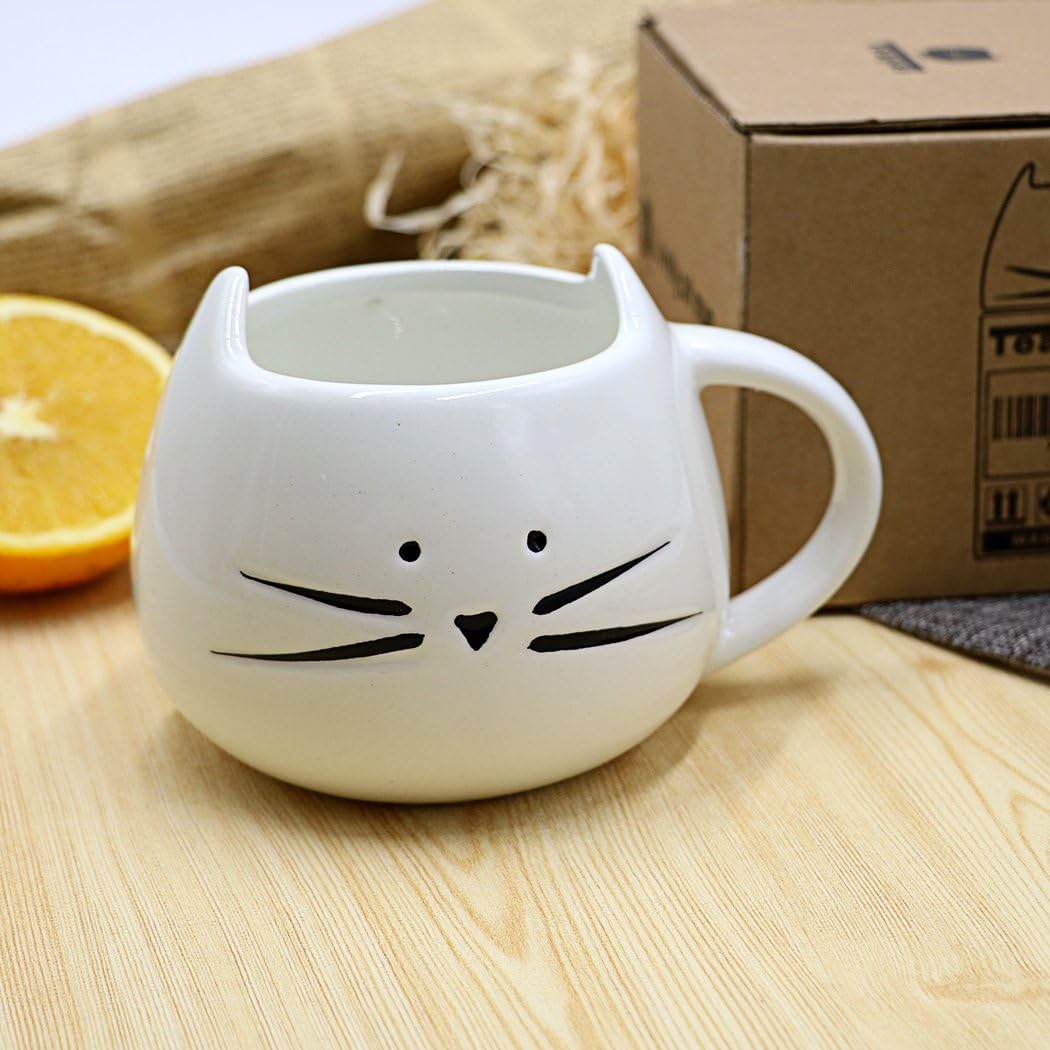 Lіmіtеd Stосk Teagas Novelty Cat Face Mug and Spoon Set 12 Oz - White Kitty Hilarious Coffee Mug Set, Lucky Gifts for Crazy Cat Lady