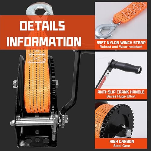 Miniatura 5 de Cabrestantes de barco para remolques, cabrestante de barco de 1600 libras con correa de 33 pies, cabrestante de mano resistente con trinquete de 2