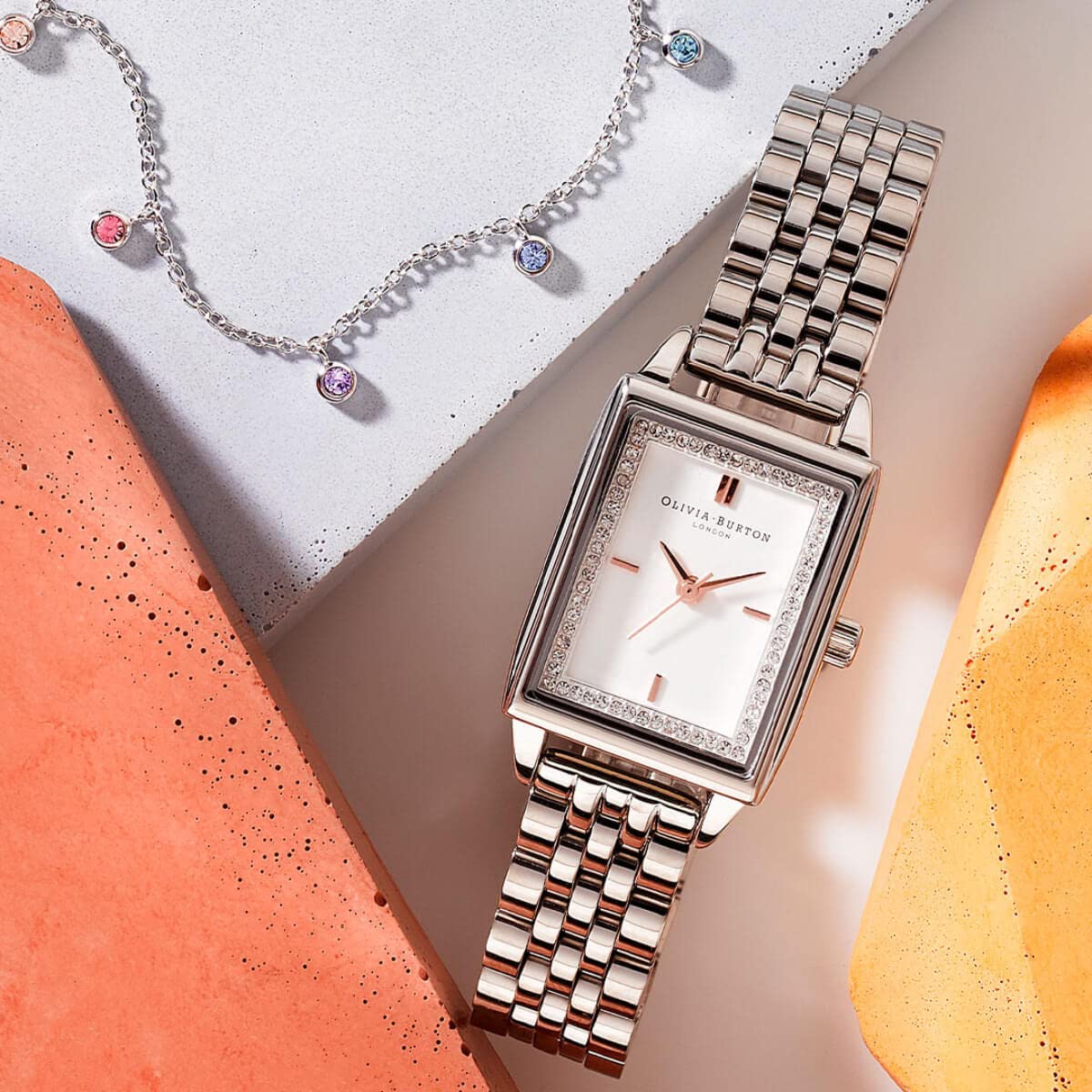 Olivia burton Reloj analógico rectangular para mujer con esfera blanca-24000012, blanco