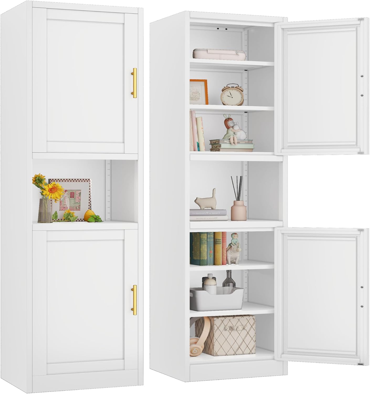 Tall Narrow Storage Cabinet, 67″ H Tall Bathroom Cabinet with 2 Doors and 4 Adjustable Shelves, Metal Pantry Cabinets for Kitchen, Living Room, Home or Office (White)