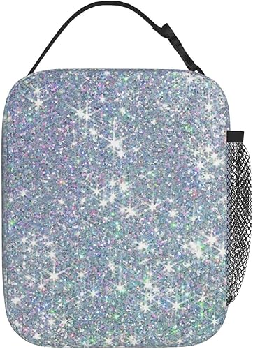 Miniatura 3 de SWEET TANG Lonchera reutilizable aislada para adultos, lonchera grande para mujeres y hombres con correa ajustable para el hombro (purpurina blanca)