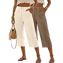 Xaatren 2 Pack Womens Linen Capri Pants Summer Drawstring Wide Leg Crop Pants Ladies Lightweight Beach Trousers with Pocket