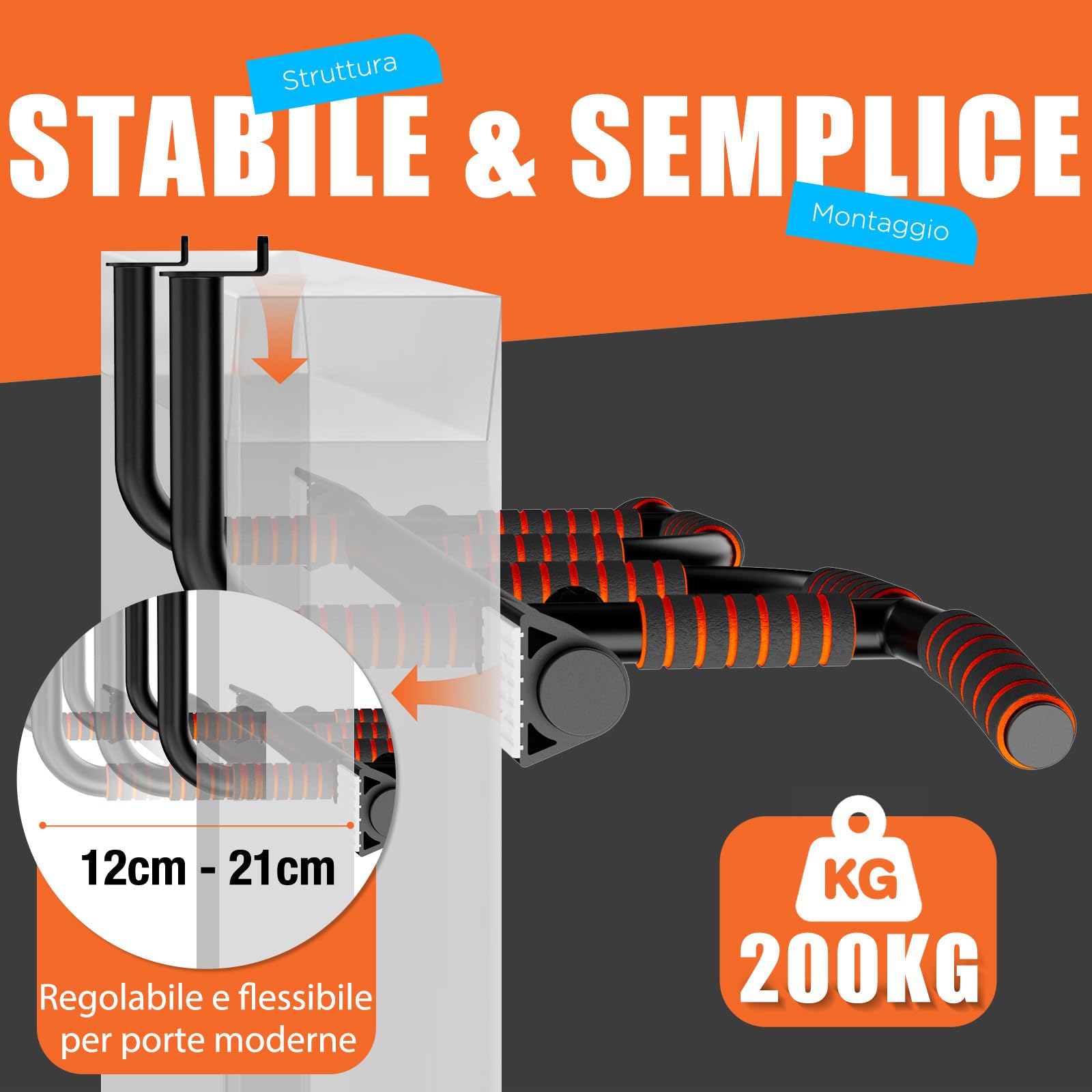 DH FitLife Barra per Trazioni da Porta senza Viti | Sbarra Trazioni Antiscivolo con Prese Multiple | Pull Up Bar da Appendere | Per Telai da 65 a 92 cm